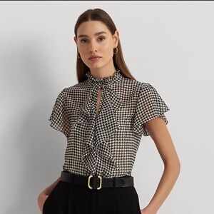 Lauren by Polo Ralph Lauren Houndstooth Ruffle-Trim Chiffon Blouse-Size L